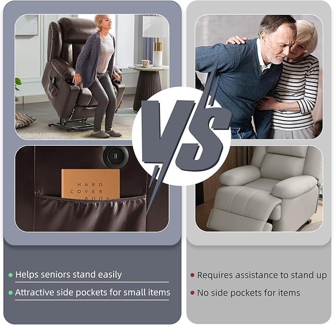 Power Lift Recliner Chair for Elderly Electric Recliner Chairs for Adults with Massage and Heat Cup Holders Remote Control Side Pockets USB Ports Leather (Brown)