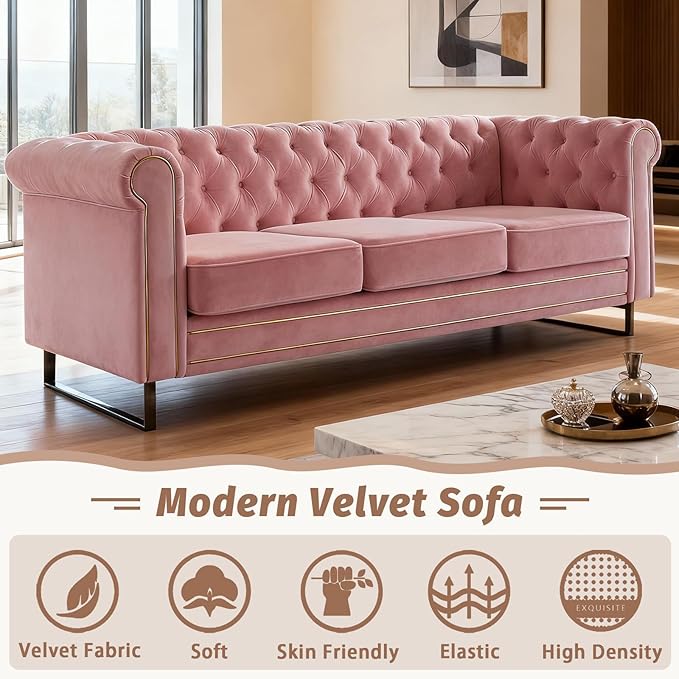 84 Velvet Sofa with Gold Legs Luxury Tufted Couch for Living Room Chesterfield Sofa with Thick Cushion Wide Armrest High-Density Foam Gold Strip Trim (Pink)