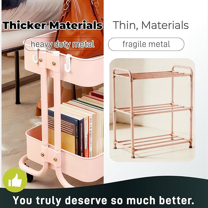 2 Tier Rolling Cart with Wheels for Under Desk Storage Pink Small Rolling Pantry Storage Cart for Small Space Metal Short Utility Shelf for Vanity Kitchen Bathrrom Laundry Organization