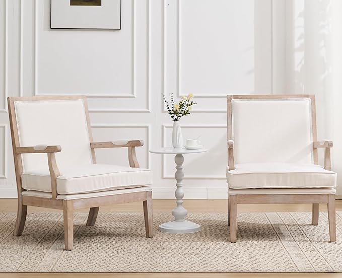 chairus Farmhouse Linen Accent Chair Set of 2 Upholstered Reading Chair with Solid Wood Frame Lounge Arm Chair with High Back for Living Room Reception Room Waiting Room Beige
