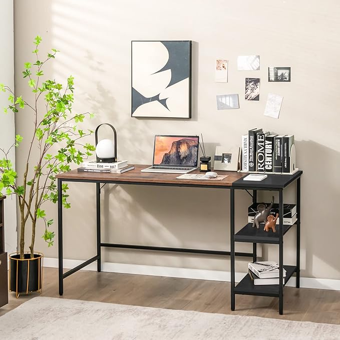 Tangkula 55” Computer Desk Large Home Office Desk with 2-Tier Storage Shelves Modern Laptop PC Desk with Heavy-Duty Steel Frame Multipurpose Writing Desk Study Desk (Rustic Brown)
