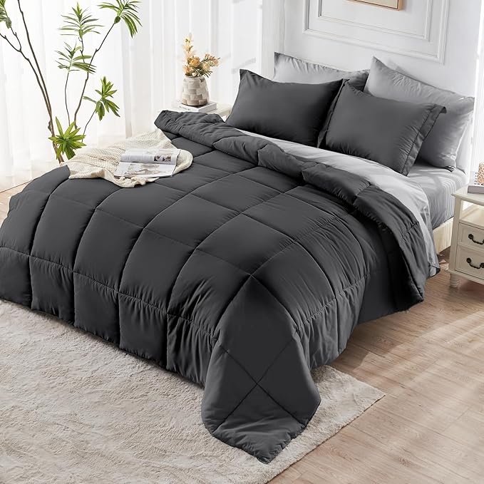 JOLLYVOGUE California King Comforter Set Ultra-Soft Bed in a Bag Cal King Size 7 Pieces Oeko-TEX Certified Bedding Set With Down Alternative Comforter Sheets Pillowcases &amp Shams Dark &amp Li