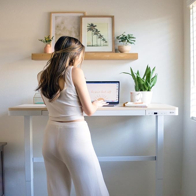 Laura Davidson Furniture Liberty Adjustable Electric Standing Desk Stand Up Desk and Sit Desk with Memory Presets and Drawer Home Office Desk Computer Desk (White with Oak Top)