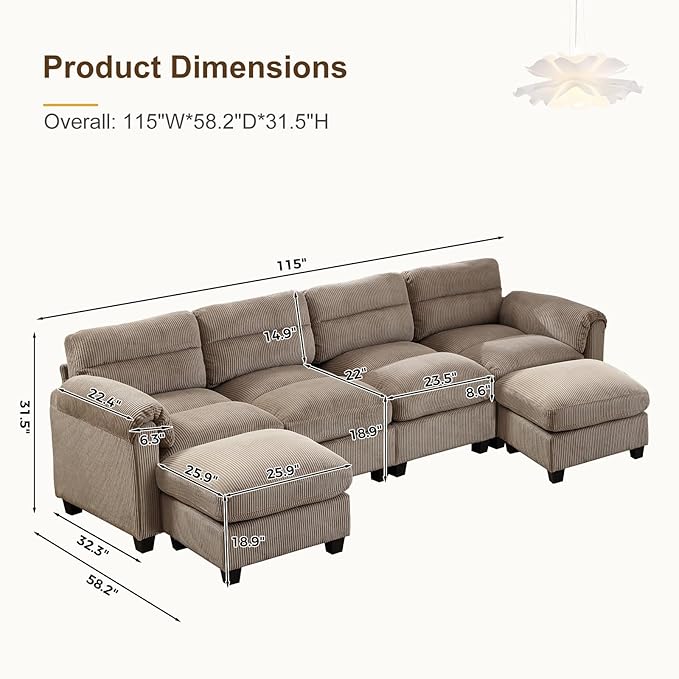 115” Modular Sectional U Shaped Sofa with Movable Ottoman Corduroy 6-Seater Couches with Thick Cushion for Living Room Brown
