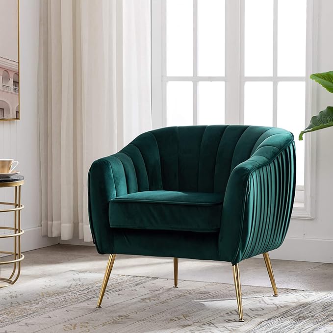Artechworks Velvet ModernTub Barrel Arm Chair Upholstered Tufted with Golden Legs Accent Club Chair for Living Reading Room Bedroom Green