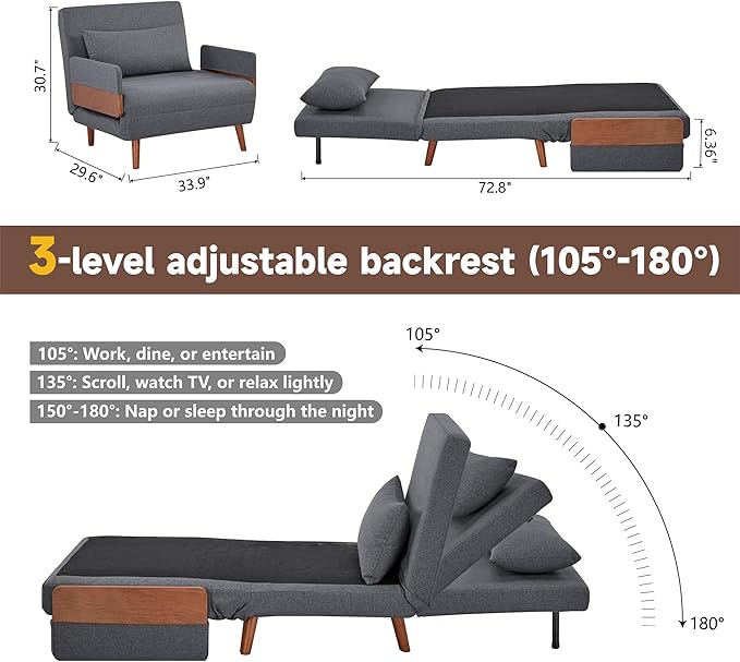 2 Sets 34 Convertible Sleeper Chairs 3-in-1 Chair Bed Sleeper for Adults with Adjustable Backrest Pillows &amp Wooden Arms 2 Piece Sofa Bed Sets for Living Room Apartment Office Gray