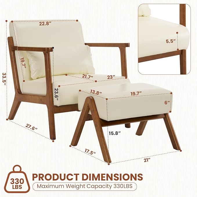 MOJAY Modern Accent Chair with Ottoman PU Leather Upholstered Armchair Living Room Chair for Bedroom Balcony Reception