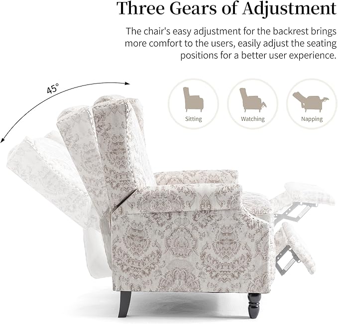 Wingback Recliner Chair Floral Fabric Pushback Recliner Chair Upholstered Armchair Push Back Recliner Rivet Trim Single Sofa Accent Chair with Wood Legs for Living Room Plants Beige