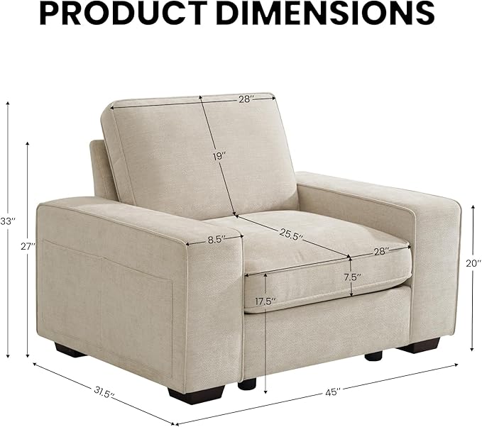 45 Accent Chair Oversized Wide Armchair with Seat Storage and Side Pockets Single Sofa Chair Modern Chenille Couch for Living Room Office Apartment Washable CoversUSB Charging Port Beige