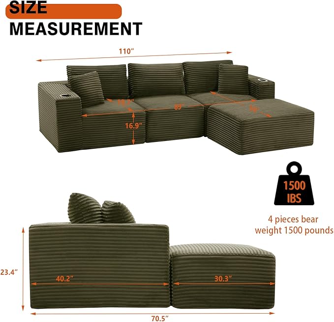 110 Boneless Couch in A Box Convertible L Shaped Modular Sectional Sofa Set with Deep Seat Corduroy Cloud Couch Sectional Couches for Living Room No Assembly Required(3 Seat+ 1 OttomanGreen)
