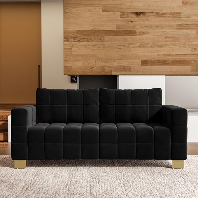 81.89 Sofa Comfy 3 Seat Sofa Tufted Chenille Upholstered Sofa Couch for Living Room with Gold Metal Legs and 2 Throw Pillows (Black（3+3）)