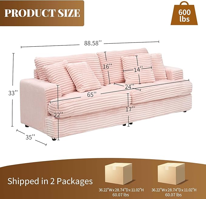 Modern Cloud Couch 3-Seater with 4 Matching Toss Pillows 88.58 Soft Corduroy Sofa with Deep Seat for Small Spaces Living Room Apartment (Pink)