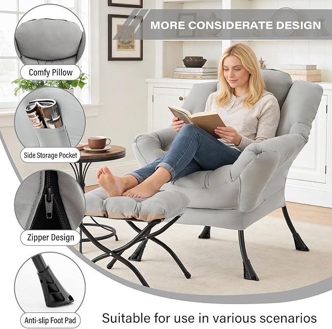 Lazy Chair with Folding Ottoman Modern Accent Lounge Armchair with Armrests and a Side Pocket &amp Foldable Footstool Leisure Reading Chair for Living Room Bedroom Dorm &amp Office Light Grey