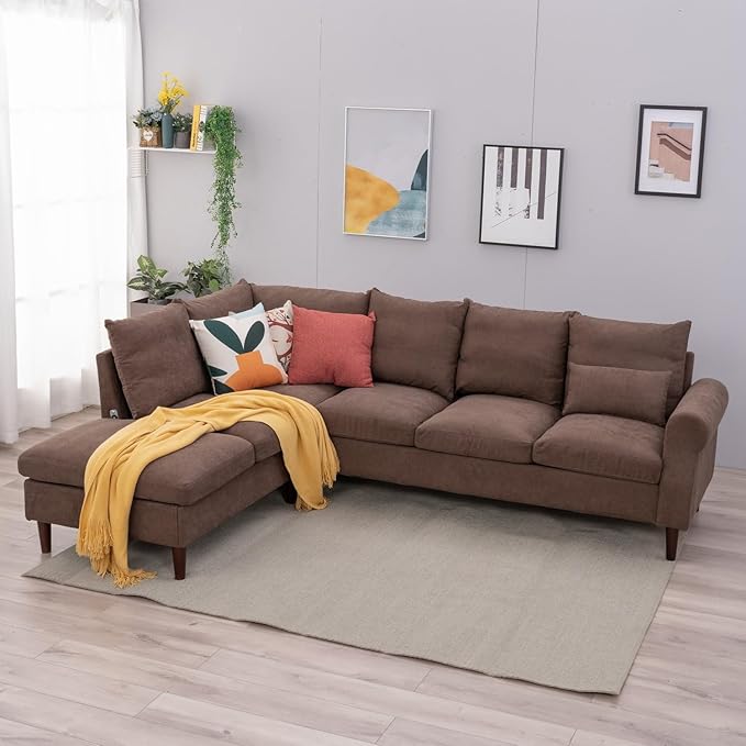 Panana Upholstered Sofa Couch Linen Fabric/Artificial Leather L Shaped Corner Sectional Modern Living Room Sofa (Brown Linen 6 seat Left Corner with Built-in USB Port)