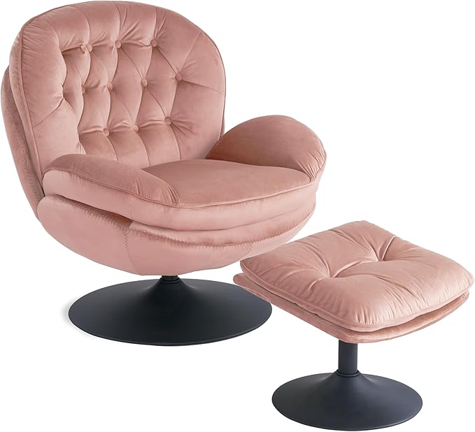 Velvet Swivel Accent Chair with Ottoman Set Modern Tufted Armchair with Footrest for Living Room Reading TV Chair for Adults Comfy Chaise Lounge Chairs with 360 Degree Swiveling for Bedroom Pink
