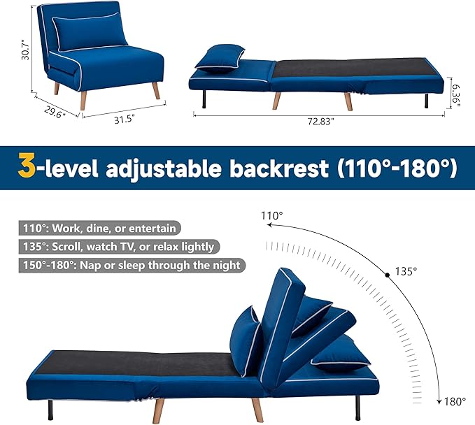 32 Convertible Sleeper Chair 3-in-1 Folding Sleeper Chair with Pillow 3-Position Adjustable Backrest for Living Room Bedroom Office Blue