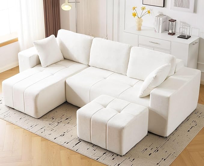 105 Cloud Modular Sectional CouchChenille Boneless Couches with Deep SeatUpholstered U-Shape Sofa with Chaise Sectional Couch with Ottoman No Assembly Required (Beige Left Facing Chaise)