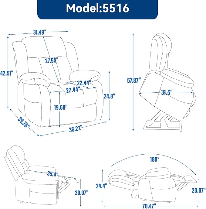 KEIKI Oversized Recliner Chair Electric Dual Motor Lift Leather Recliner for Elderly Synthetic Leather Upholstery with Infinite Position and Back Massager with Heat Rocking Lounge Chair Grey