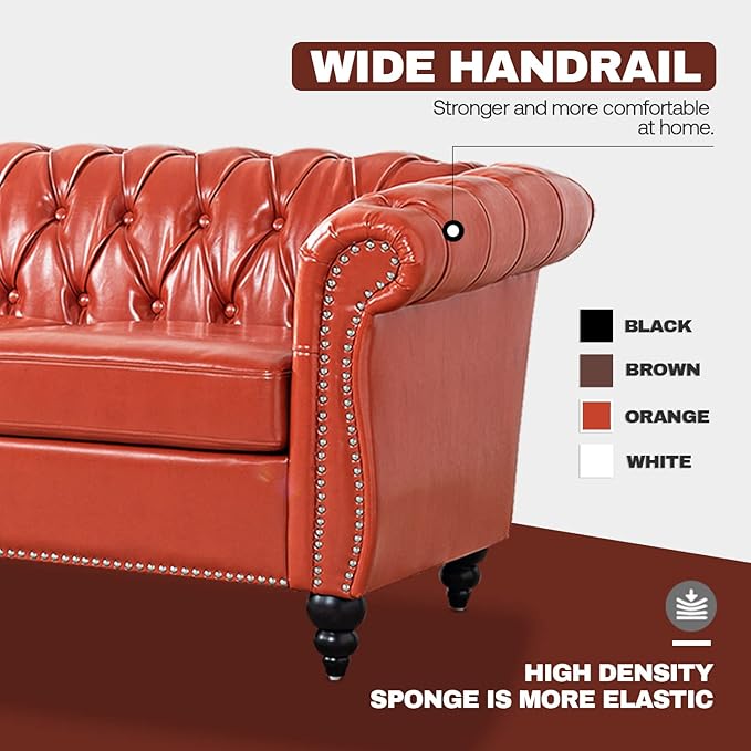 Chesterfield Sofa Orange Faux Leather Sofas for Living Room 84 Rolled Arm 3-Seater Couch Deep Button Nailhead Upholstered Couches High-End Furniture Easy to Assemble