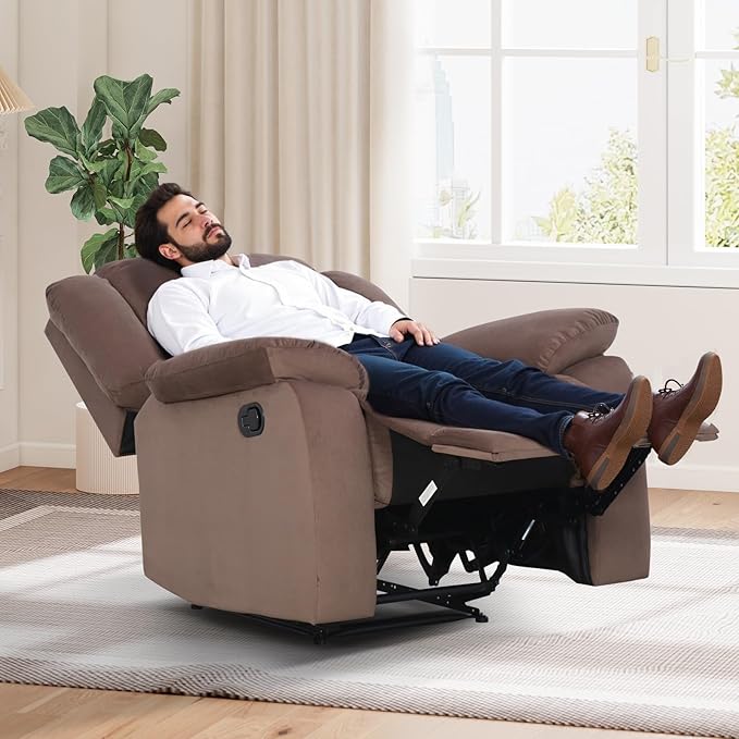 Manual Recliner Chair with Overstuffed Arm and Extra-Padded Back Breathable Fabric Reclining Chair for Adults Single Sofa for Living Room Bedroom (Brown)