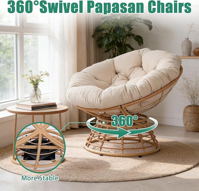 43 Ergonomic 360° Swivel Papasan Chair Wicker Round Chair with Thick Cushion Lounge Chair for Living Room Bedroom Reading Nook Indoor Outdoor Use Light Gray Cloud &amp Yellow Frame