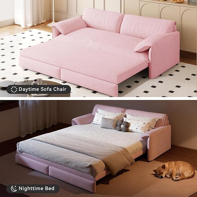 healthomse 66 Queen Size Sleeper Sofa Bed 3-in-1 Convertible Pull Out Sofa Bed with Side Storage Modern Velvet Loveseat for Living Room Bedroom Apartment Office Lounge (Dark Pink 66inch)