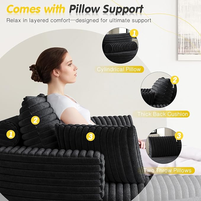 360-Degree Oversized Swivel Chair Modern Round Circle Corduroy Comfy Deep Seat Swivel Accent Chaise Lounge Sofa Chair with Back Cushion &amp 2 Throw Pillows for Living Room Bedroom Office Black