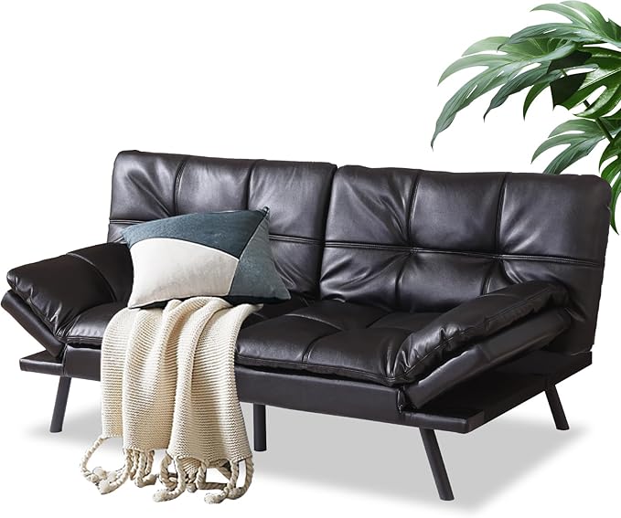 MUUEGM Futon Convertible Sofa Bed Memory Foam Sleeper CouchModern Loveseat for Living RoomAdjustable Armrests Backrest Sofabed BlackFaux Leather.