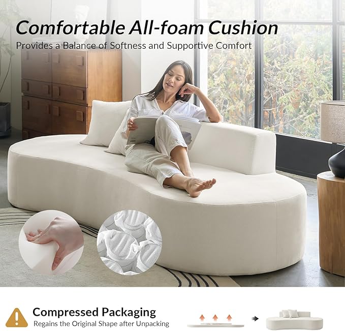 94.5 Boneless Sofa with 2 Pillows 3 Seater Compressed Foam Sofa with Half Moon Design &amp Deep Seat No Assembly Required Modern Cloud Couch for Living Room Ivory