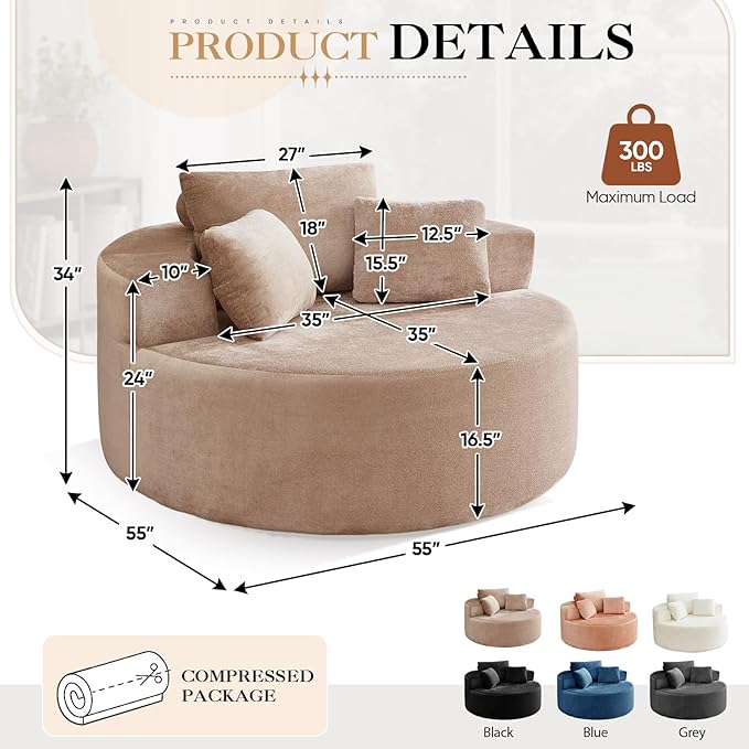 Modern Round Accent Sofa Chair for Living Room Upholstered Soft Terrycloth Barrel Lounge Arm Chair with Large seat&ampThrow Pillows for Bedroom Office Apartment Camel