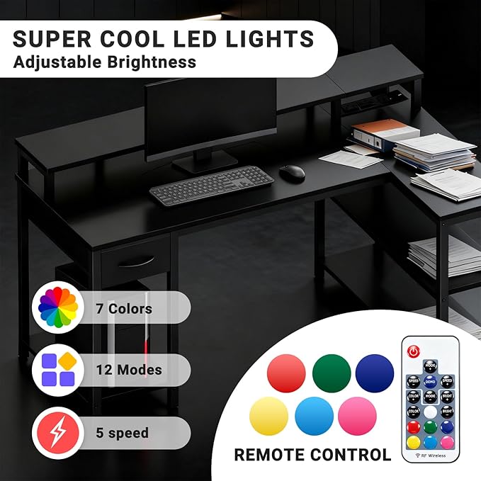 Simple Deluxe 47-inch L-Shaped Gaming Desk with LED Lights &amp Power Outlets Reversible Corner Computer Desk with Monitor Riser Drawer &amp Shelves for Home Office Black
