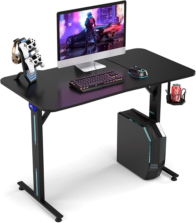 Tangkula Gaming Desk T-Shaped Computer Desk w/Game Controller Stand Cup Holder and LED Light Ergonomic Home Office Game Station with Carbon Fiber Surface (Black)