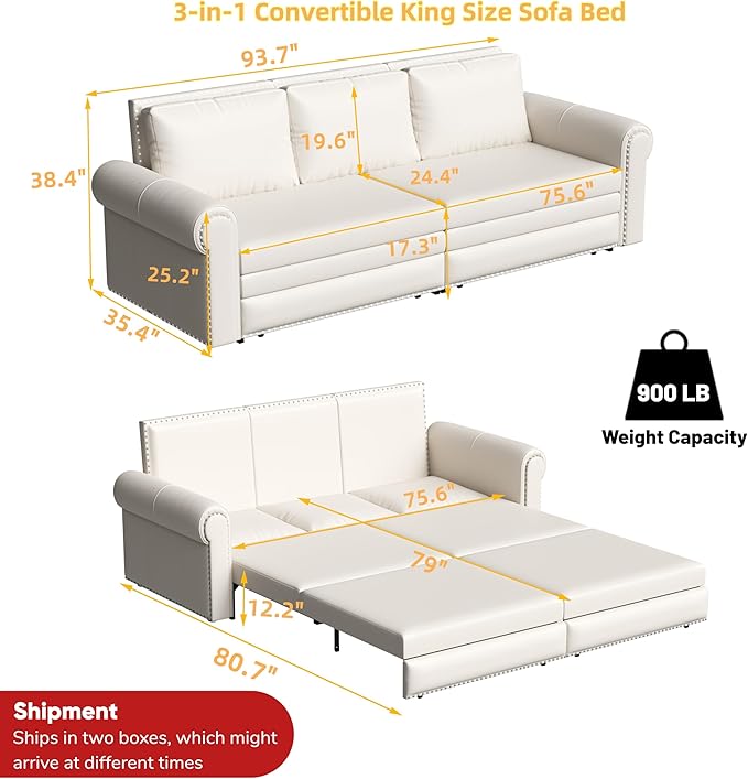 JOYBASE Pull Out Sofa Bed King-Size Convertible Sleeper Sofa Modern 3-Seater Faux Leather Couch with Nailhead for Living Room Office Apartment (Cream White)