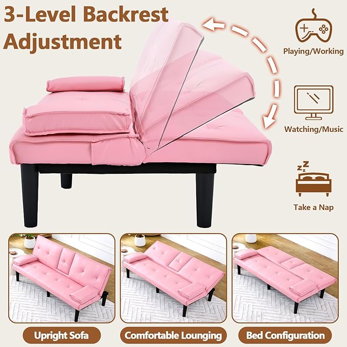 67” Futon Sofa Bed with Pillows Modern Convertible Futon Couch with 2 Cup Holders&amp Removable Armrests for Small Spaces Living Room Solid Wood Frame (Pink PU Leather)