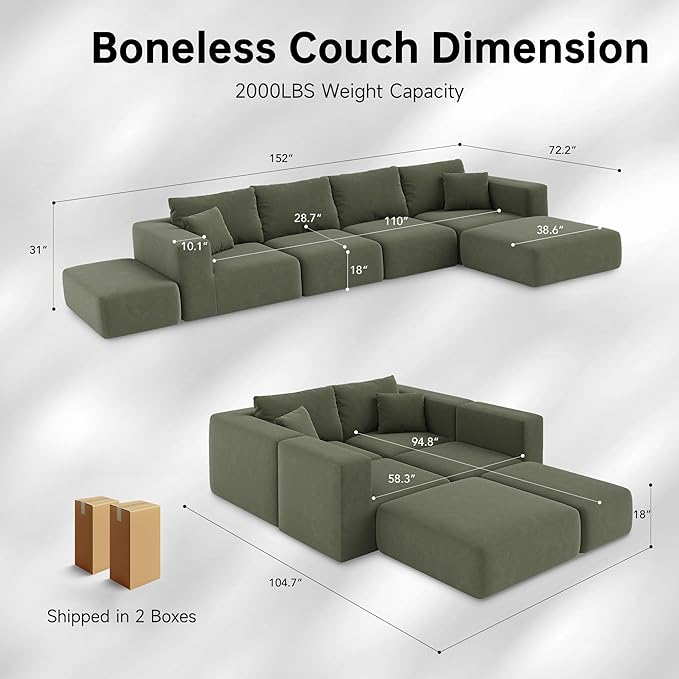 CUGOAO 152'' Modern Boneless Couch Oversized 2-in-1 Modular Sectional Sofa Bed Extra Deep Seat Upholstery Cloud Couch Boneless Couches for Living Room No Assembly Required Green Corduroy