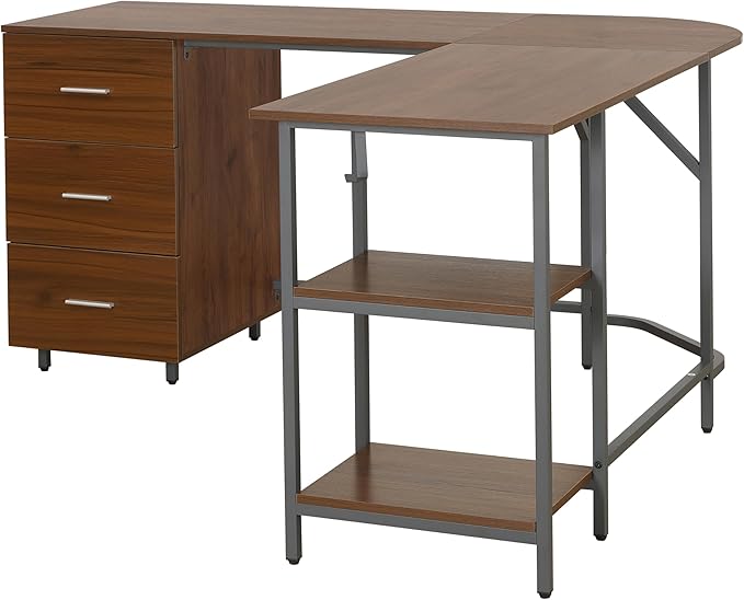 Techni Mobili L Shaped Desk - Two-Toned Computer Desk with Drawers &amp Storage Shelves - Simple Modern Furniture &amp Home Office Space Corner Table for Work &amp Writing