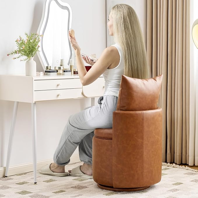 360° Swivel Vanity Chair with Storage PU Leather Round Storage Ottoman with Pillows No Assembly Modern Comfy Makeup Stool for Bedroom Dressing Living Room (White)