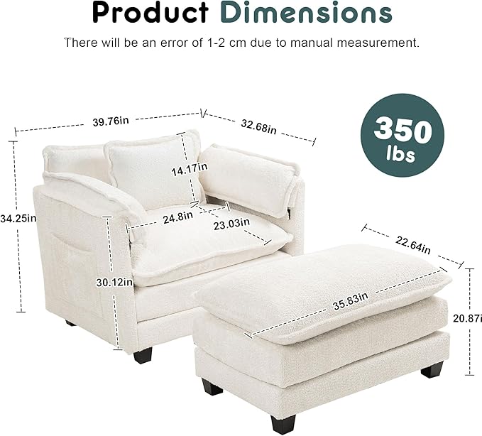 Accent Chair Comfy Oversized Sofa Sleeper Chair with Ottoman Modern Deep Seat Single Sofa Couch for Living Room Bedroom Study Balcony (Chenille Beige)