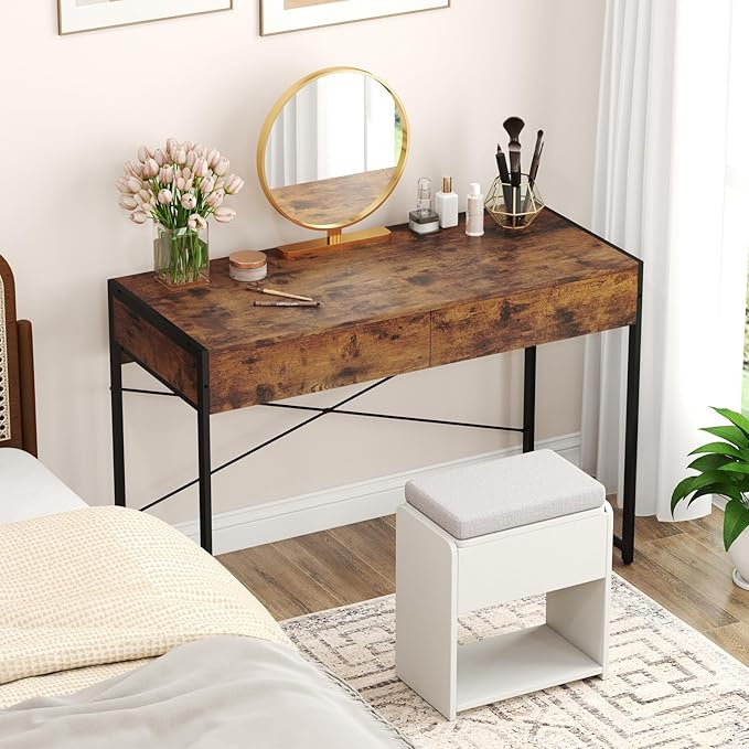 LDAILY Computer Desk with 2 Drawers 44 Inch Home Office Desk with Sturdy Steel Frame &amp X-Bracket Support Spacious Study Writing Workstation Table for Bedroom or Small Spaces (Rustic Brown)