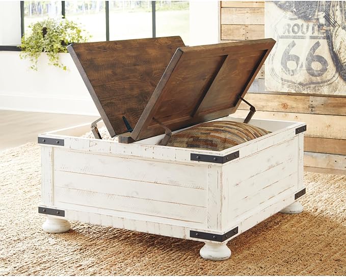 Signature Design by Ashley Wystfield Farmhouse Coffee Table with Storage Hinged Lift Top Wood 36 W x 36 D x 18 H Distressed White