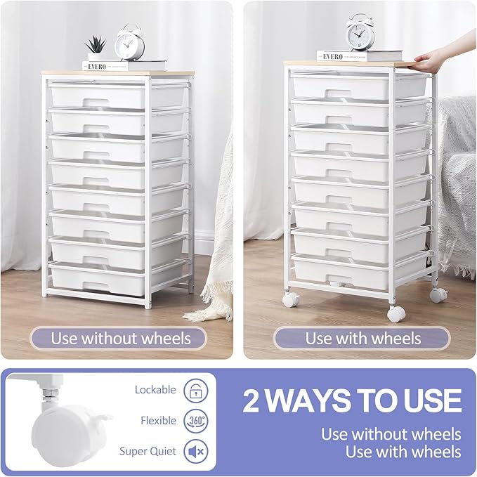 Rolling Storage Cart with DrawersUtility Cart With 8 Drawers and Wooden TabletopRolling Drawer CartStorage Drawer Cart for Living RoomClassroomBedroomBathroomDormOfficeWhite
