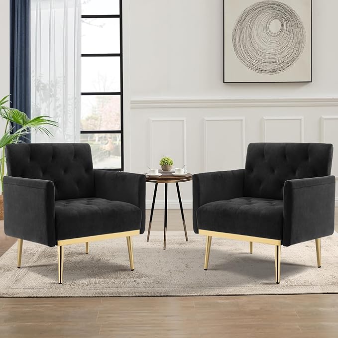Black Velvet Accent Chairs Set of 2 Comfy Button Tufted Armchair Upholstered Arm Chair Single Sofa Reading Chairs with Arms and Gold Metal Leg for Living Room Bedroom Nursery Office