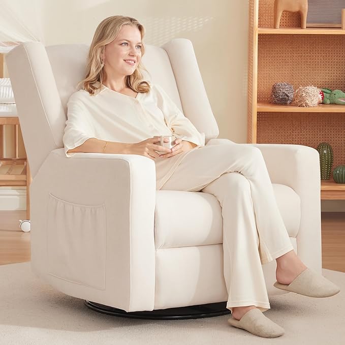 Tbfit 360° Swivel Recliner Chair Nursery Rocking Chair with Lumbar Support &amp Footrest for Bedroom Comfy Upholstered Armchair with Pillows &amp Storage Bag for Living Room (Beige Hidden Ring Ha