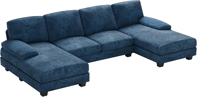 Furniwell Convertible Sectional Sofa Couch 4 Seat Sofa Set for Living Room U-Shaped Modern Fabric Modular Sofa Sleeper with Double Chaise &amp Memory Foam (Fabric Blue)