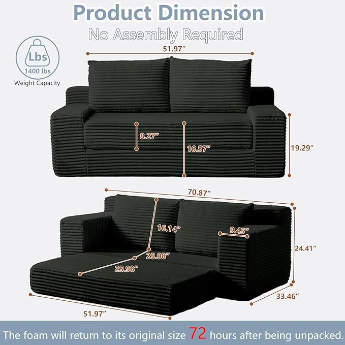70.87 Loveseat Sofa Comfy Deep Seat Sofa Bed Modern Small Corduroy Couch for Living Room Bedroom Apartment Home Office No Assembly Grey