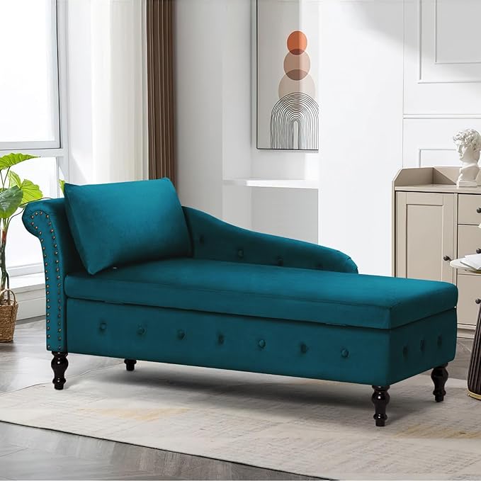 Upholstered Chaise Lounge with Left Armrest &amp Lumbar PillowButton Tufted Lounge Sofa with StorageLounge Chair IndoorModern Velvet Lounge Chair for Bedroom Living Room and OfficeTeal