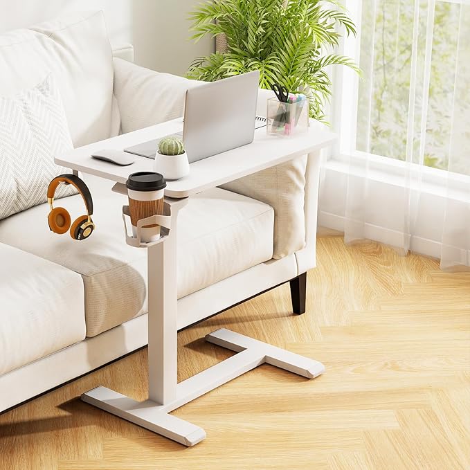 Tangkula Mobile Standing Desk Pneumatic Height Adjustable Rolling Desk with Cup Holder &amp Headphone Hook Overbed Table with Hidden Wheels Laptop Computer Cart for Couch Home Office (White)