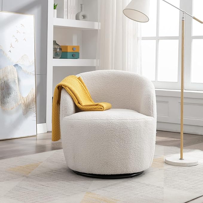 KIVENJAJA Swivel Barrel Chair Teddy Sherpa Upholstered Modern Round Accent Arm Chairs 360 Degree Swivel Small Single Sofa Armchair for Nursery Living Room Bedroom (Teddy Ivory)