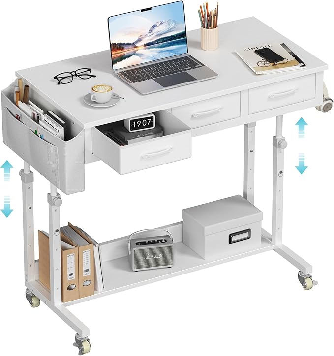 White Portable Rolling Computer Desk - 40 Inch Adjustable Mobile Standing Teacher Desks with 3 Fabric Drawers on Wheels Couch Sofa Side Laptop Stand Up Table with Storage for Home Office White