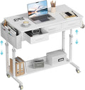 White Portable Rolling Computer Desk - 40 Inch Adjustable Mobile Standing Teacher Desks with 3 Fabric Drawers on Wheels Couch Sofa Side Laptop Stand Up Table with Storage for Home Office White